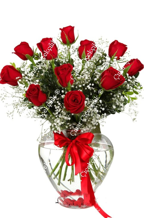 Çiçek Açan Aşk 11 Kalp Vazoda Kırmızı Gül C-KLP105