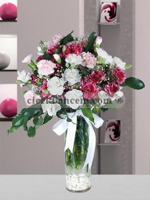 Cam vazoda beyaz, pembe ve kırmızı karanfillerden oluşan bahar esintili aranjman.