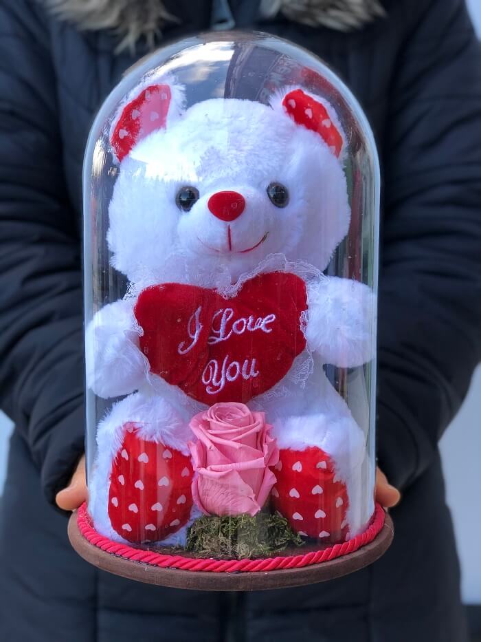 Solmayan Gül - Pembe Renkli Gül, Beyaz Pelüş Ayı - Görsel 2