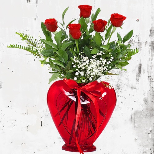 5 Adet Kırmızı Kalp Vazo İçinde Kırmızı Gül - Görsel 2