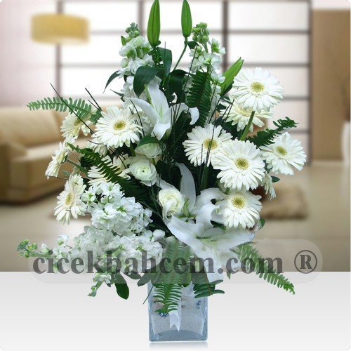 Gönül Bahçesi – Kare Vazoda Beyaz Gerbera ve Lilyum