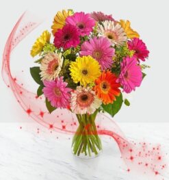 Sonsuz Sevgi – Cam Vazoda Renkli Gerbera Aranjmanı